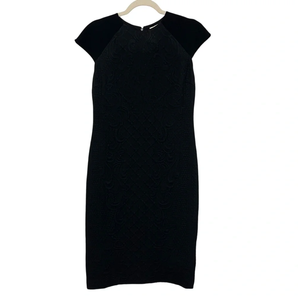 Tory Burch Kiersten Brocade Wool Blend Cap Sleeve Dress Black Medium Cocktail